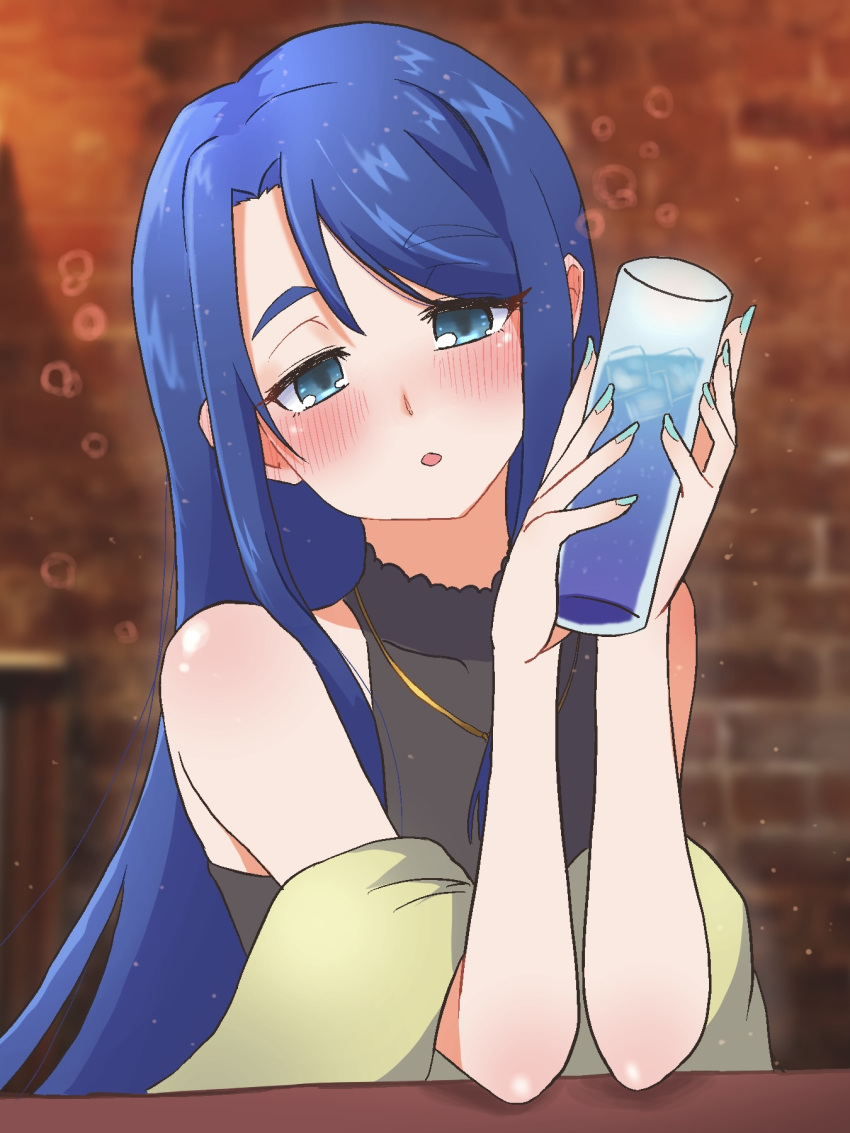 1girl :o alcohol black_dress blue_eyes blue_hair blurry blurry_background blush commentary cup depth_of_field dress drunk echieichi elbow_rest half-closed_eyes head_tilt highres holding holding_cup indoors jewelry kibou_no_chikara_~otona_precure_'23~ looking_at_viewer minazuki_karen necklace open_mouth precure shawl sleeveless sleeveless_dress solo yes!_precure_5