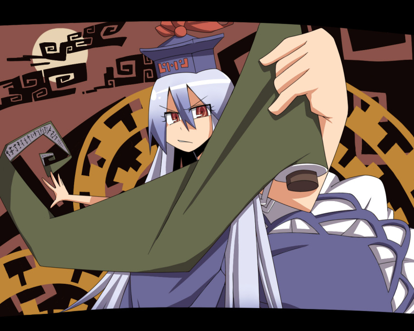 1girl blue_dress blue_headwear brown_background brown_eyes commentary_request cowboy_shot dress grey_hair hair_between_eyes holding holding_scroll kamishirasawa_keine kuri_dora letterboxed long_bangs long_hair looking_at_viewer scroll sidelocks solo touhou v-shaped_eyebrows very_long_hair whorled_clouds