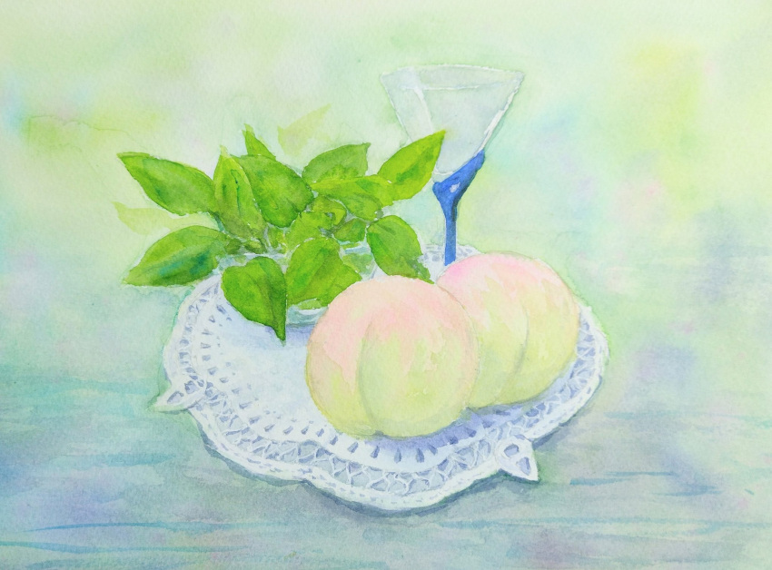 cup drinking_glass food fruit glass highres leaf naoy_watercolor no_humans original painting_(medium) peach plant realistic still_life traditional_media watercolor_(medium) wine_glass