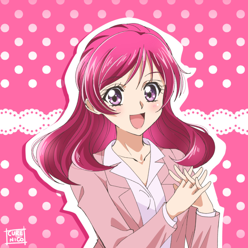 1girl :d artist_name blazer commentary cure_nico dress_shirt highres interlocked_fingers jacket kibou_no_chikara_~otona_precure_'23~ long_sleeves looking_at_viewer medium_hair open_mouth outline own_hands_together pink_background pink_jacket polka_dot polka_dot_background precure shirt smile solo upper_body violet_eyes white_outline white_shirt yes!_precure_5 yumehara_nozomi