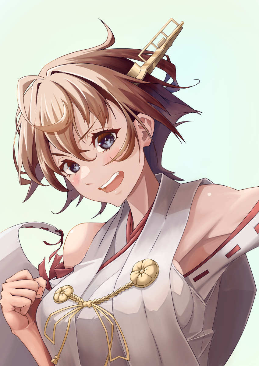 1girl :d absurdres bare_shoulders blue_eyes breasts brown_hair echo-kilo headgear hiei_(kancolle) hiei_kai_ni_(kancolle) highres japanese_clothes kantai_collection large_breasts nontraditional_miko open_mouth ribbon-trimmed_sleeves ribbon_trim short_hair simple_background smile solo teeth upper_body upper_teeth_only