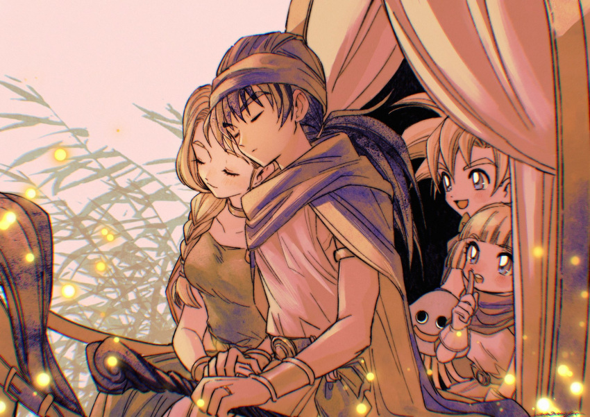 2boys 2girls armlet belt bianca_(dq5) black_hair blonde_hair blue_eyes blunt_bangs bow bracelet braid breasts cape child cloak closed_eyes collarbone commentary_request dragon_quest dragon_quest_v dress father_and_daughter father_and_son finger_to_mouth fireflies gloves green_dress hair_bow hair_over_shoulder heads_together healslime hero's_daughter_(dq5) hero's_son_(dq5) hero_(dq5) highres holding_hands husband_and_wife jewelry light_blush long_hair low_ponytail medium_breasts mother_and_daughter mother_and_son mouyi multiple_boys multiple_girls neck_ring open_mouth orange_cape outdoors purple_cape purple_cloak purple_headwear ring short_hair siblings single_braid sitting sleeping spiky_hair staff tunic turban twins upper_body wagon wedding_ring white_gloves white_tunic