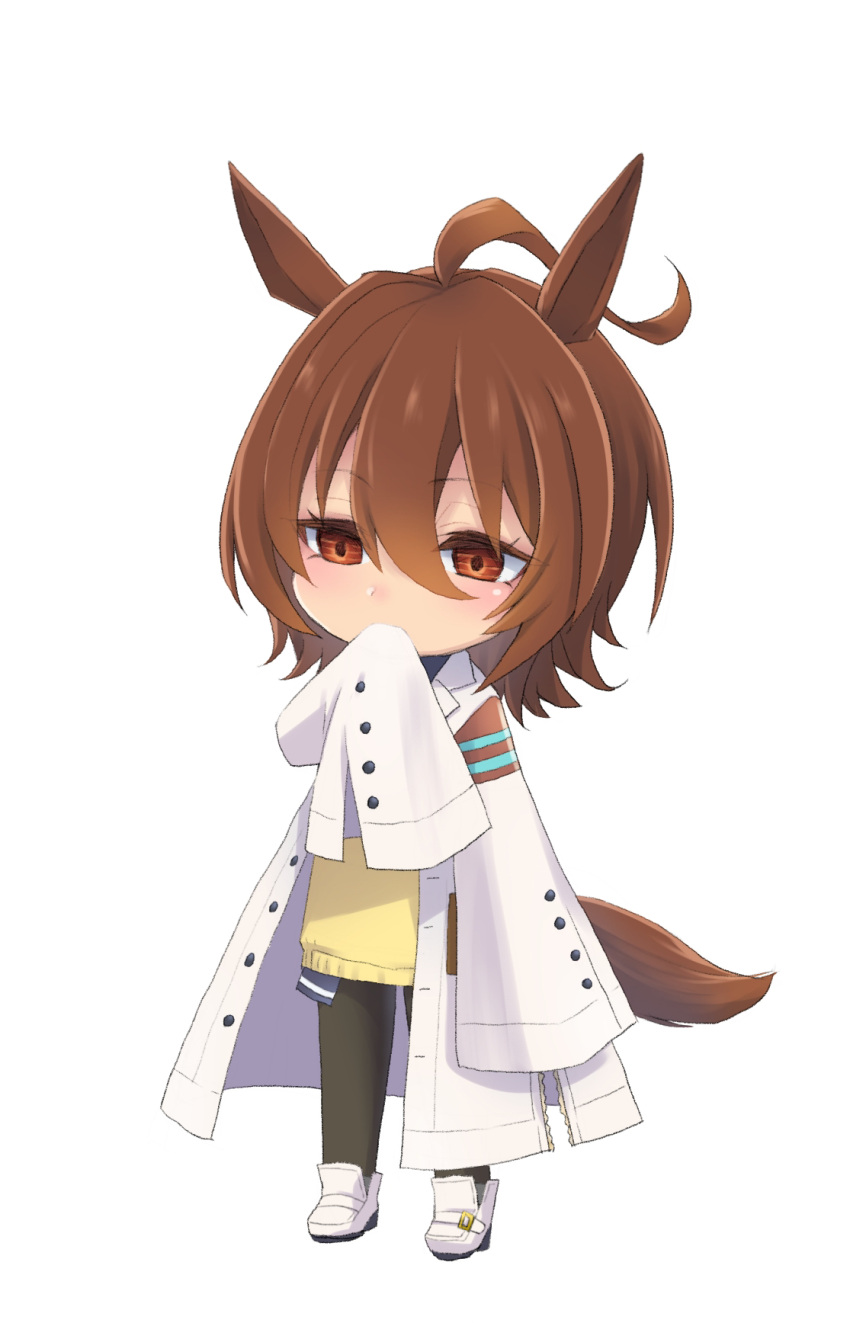 1girl agnes_tachyon_(umamusume) ahoge animal_ears arm_at_side black_pantyhose brown_hair chibi coat covered_mouth covering_mouth double-parted_bangs empty_eyes full_body hair_between_eyes hand_over_own_mouth hand_up highres horse_ears horse_girl horse_tail lab_coat legs_apart long_sleeves loveloveknight open_clothes open_coat pantyhose red_eyes shoes simple_background sleeves_past_fingers sleeves_past_wrists solo sweater tail umamusume white_background white_coat yellow_sweater