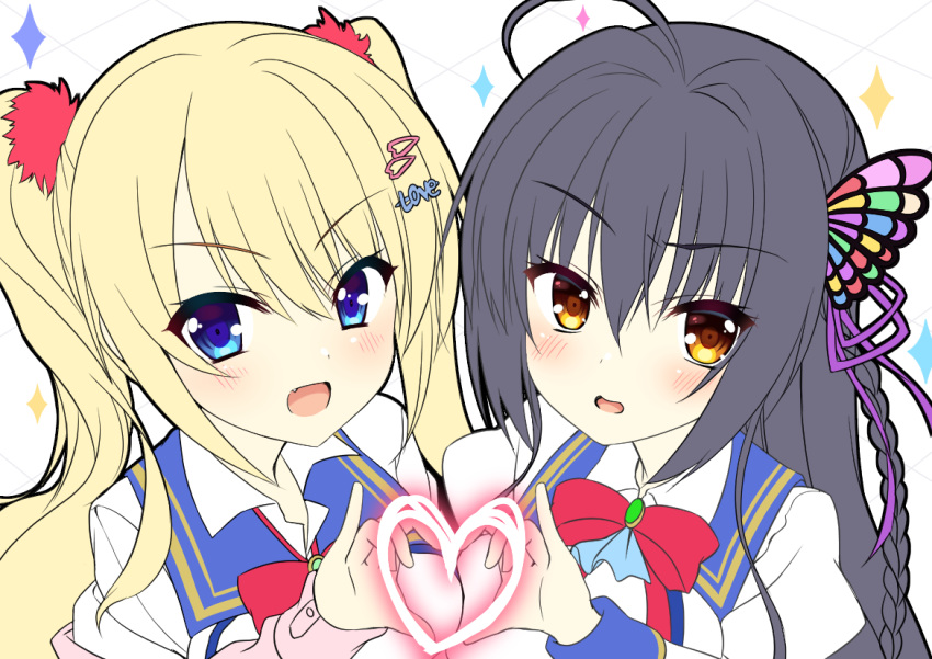2girls :d ahoge aria. artist_name black_hair blonde_hair blue_collar blue_eyes blush bow braid butterfly_hair_ornament close-up collar commentary english_text eyelashes eyes_visible_through_hair fang hair_between_eyes hair_ornament hair_ribbon hairclip heart heart_hands heart_hands_duo jougasaki_ayaka kin-iro_loveriche kisaki_reina long_sleeves looking_at_viewer multiple_girls open_mouth orange_eyes pom_pom_(clothes) purple_ribbon red_bow ribbon school_uniform shirt side-by-side simple_background single_braid smile sparkle straight_hair twintails v-shaped_eyebrows wavy_hair white_background white_shirt wing_collar