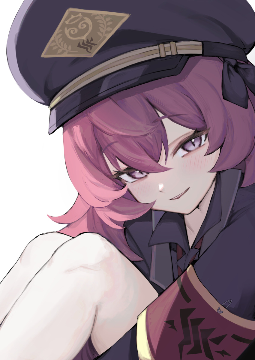 1girl absurdres armband black_headwear black_jacket black_shirt blue_archive blush close-up collared_shirt commentary_request hair_between_eyes hat highres hugging_own_legs iroha_(blue_archive) jacket knees_up light_blush long_hair looking_at_viewer military_hat parted_lips raised_eyebrows red_armband red_eyes redhead shirt simple_background slit_pupils smile solo wavy_hair white_background yagiusagi