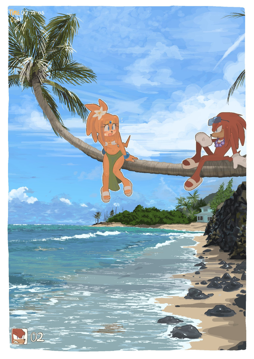 1boy 1girl :d blue_eyes blue_sky blush bracelet branch chzzei clouds eyewear_on_head highres jewelry knuckles_the_echidna ocean palm_tree rock sandals shore sitting sitting_on_branch sky smile sonic_(series) sonic_adventure sunglasses tikal_the_echidna tree water