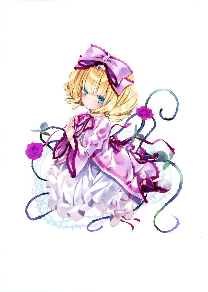 1girl absurdres black_footwear blonde_hair blush bow dress expressionless flower green_eyes hair_bow highres hinaichigo looking_at_viewer medium_hair neck_ribbon non-web_source pink_bow pink_dress plant red_ribbon ribbon rose rozen_maiden simple_background sitting solo thorns tousen vines white_background wide_sleeves