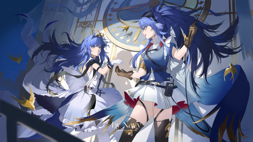 absurdres animal_ears arknights artist_name astesia_(arknights) astesia_(frlibe_on_the_palace)_(arknights) astgenne_(arknights) bird bird_ears bird_tail blue_eyes blue_hair blue_shirt boots brown_gloves clock dress eyewear_on_head gloves highres holding holding_wand light_smile long_hair ponytail reaching shirt short_sleeves siblings sisters skirt smile tail thigh_boots wand white_dress white_gloves white_skirt z-z-p_(navy)