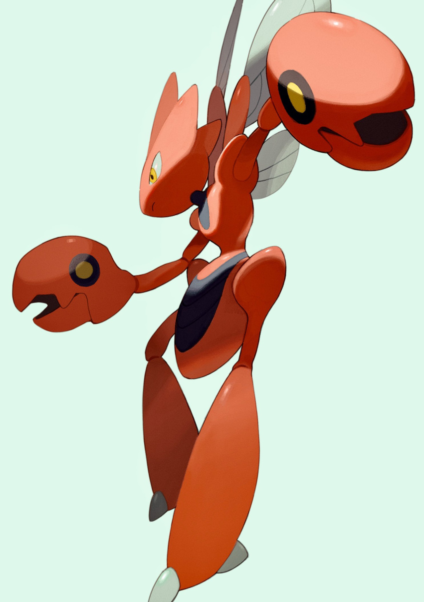 claws closed_mouth commentary frown gogot grey_background highres looking_down no_humans pincers pokemon pokemon_(creature) scizor simple_background solo yellow_eyes