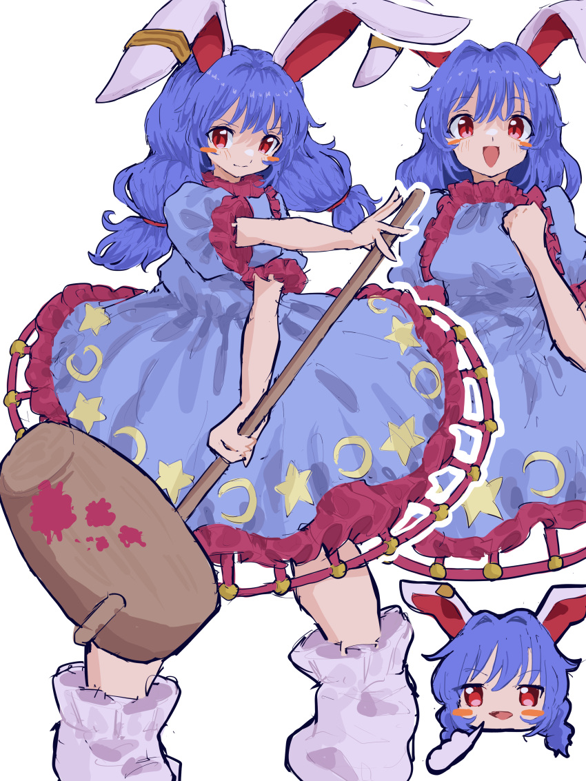 1girl absurdres ambiguous_red_liquid animal_ears blue_dress blue_hair blush bobby_socks breasts clenched_hand crescent crescent_print dress earclip frilled_dress frilled_sleeves frills full_body highres holding holding_mallet kine looking_at_viewer low_twintails mallet medium_hair moon_rabbit mugi_(mugimugi_9kv) multiple_views open_mouth puffy_short_sleeves puffy_sleeves rabbit_ears red_eyes seiran_(touhou) short_sleeves simple_background smile socks stain star_(symbol) star_print touhou twintails white_background white_socks