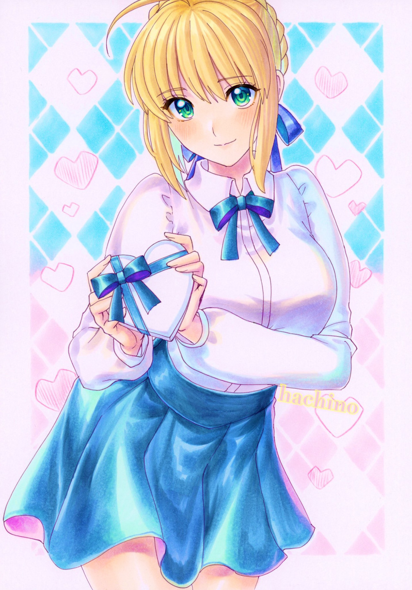 1girl ahoge artoria_pendragon_(fate) blonde_hair blue_ribbon blue_skirt blush box braid braided_bun collared_shirt commentary_request cowboy_shot fate/stay_night fate_(series) gift green_eyes hachi78b hair_bun hair_ribbon heart heart-shaped_box high-waist_skirt highres holding holding_gift long_sleeves looking_at_viewer neck_ribbon no_legwear ribbon saber shirt single_hair_bun skirt smile solo valentine white_shirt