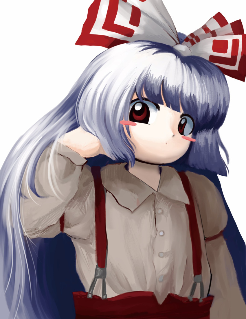 1girl blunt_bangs blush_stickers bow buttons collared_shirt fujiwara_no_mokou hair_bow hand_in_own_hair hand_up highres hime_cut long_hair long_sleeves looking_at_viewer pants red_eyes red_pants shirt simple_background solo standing suspenders touhou upper_body very_long_hair white_background yakumora_n zun_(style)