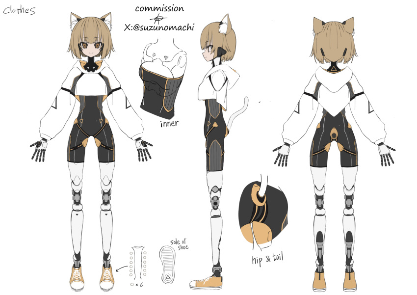 1girl animal_ear_fluff animal_ears arms_at_sides brown_eyes brown_hair cat_ears cat_girl cat_tail commentary_request commission crop_top english_text from_behind from_side highres hood hood_down hoodie joints multiple_views original reference_sheet robot_girl robot_joints shoes short_hair skeb_commission smile sneakers standing straight-on suzukou tail white_background