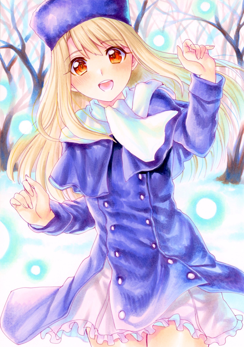 1girl bare_tree blush coat cowboy_shot day fate/stay_night fate_(series) fur_hat grey_hair hachi78b hands_up hat highres illyasviel_von_einzbern looking_at_viewer marker_(medium) open_mouth outdoors papakha purple_coat purple_headwear red_eyes scarf smile snow solo traditional_media tree white_scarf winter winter_clothes