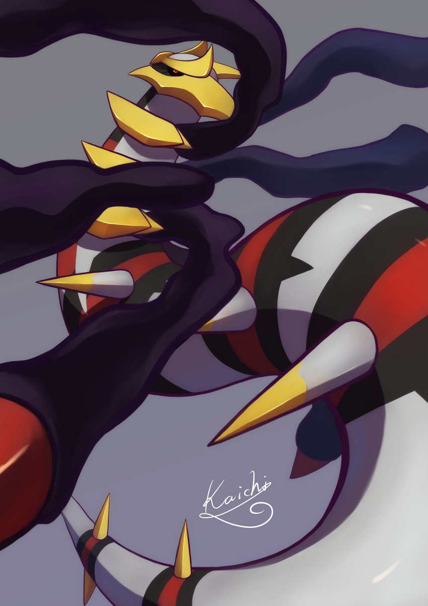 absurdres black_sclera colored_sclera commentary_request giratina giratina_(origin) grey_background highres horns kaichi_(tomiyu25) no_humans pokemon pokemon_(creature) red_eyes signature simple_background solo spikes