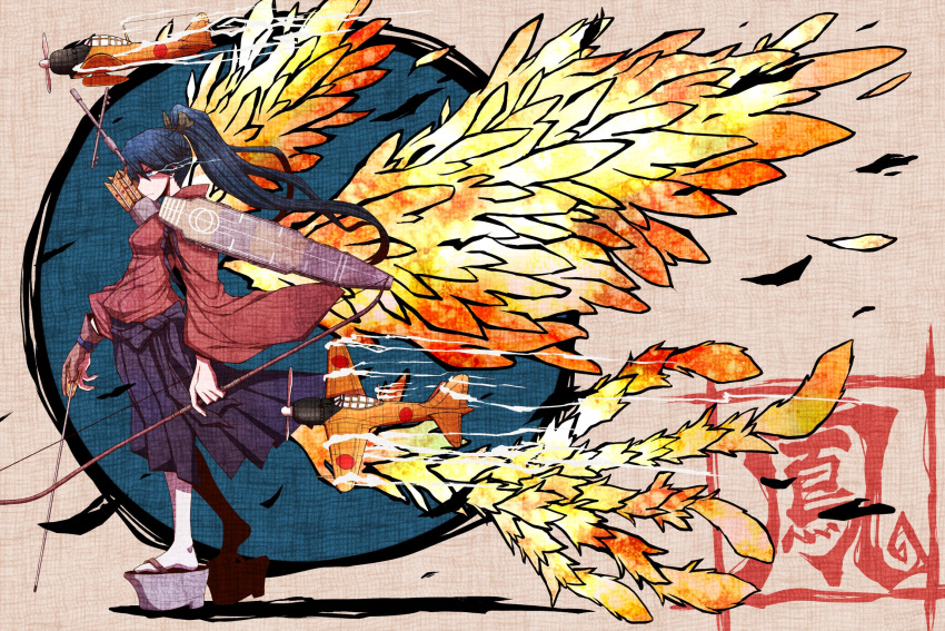 1girl aircraft airplane arrow_(projectile) black_hair black_skirt blue_eyes bow_(weapon) breasts closed_mouth commentary_request eye_trail feathers fiery_wings fire frown full_body hair_between_eyes high_ponytail highres holding holding_arrow holding_bow_(weapon) holding_weapon houshou_(kancolle) kantai_collection kuri_dora light_trail long_bangs long_hair medium_breasts orange_wings pleated_skirt profile red_shirt shaded_face shirt skirt smoke solo walking weapon wings zouri