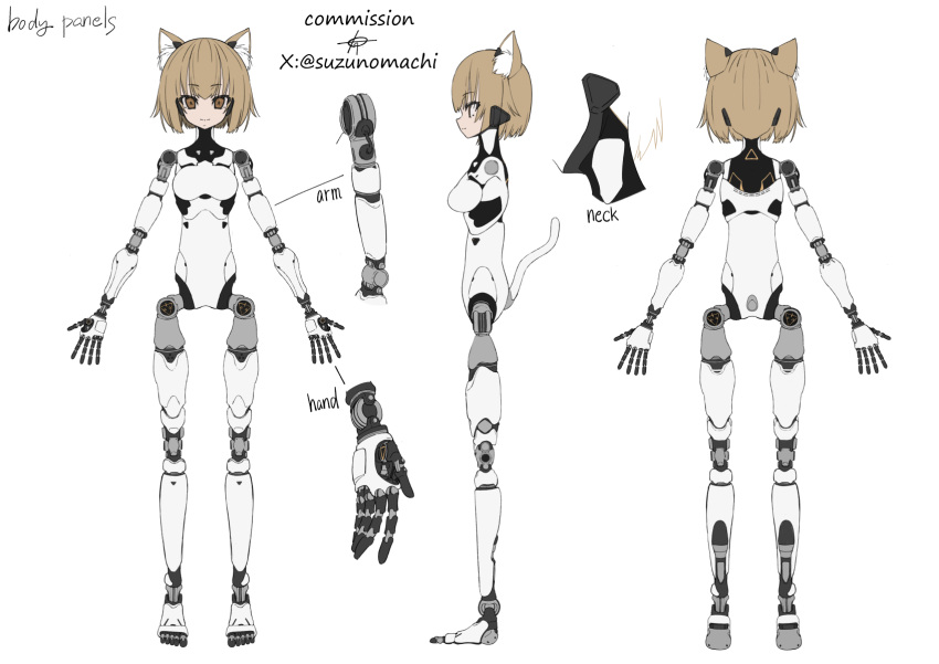 1girl animal_ear_fluff animal_ears arms_at_sides breasts brown_eyes brown_hair cat_ears cat_girl cat_tail commentary_request commission english_text from_behind from_side highres joints medium_breasts multiple_views original reference_sheet robot_girl robot_joints short_hair skeb_commission smile standing straight-on suzukou tail white_background