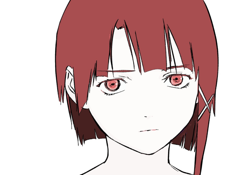1girl annoyed asymmetrical_hair brown_eyes brown_hair close-up closed_mouth iwakura_lain kakeami looking_at_viewer neck parted_bangs portrait serial_experiments_lain short_hair simple_background sketch solo straight_hair white_background