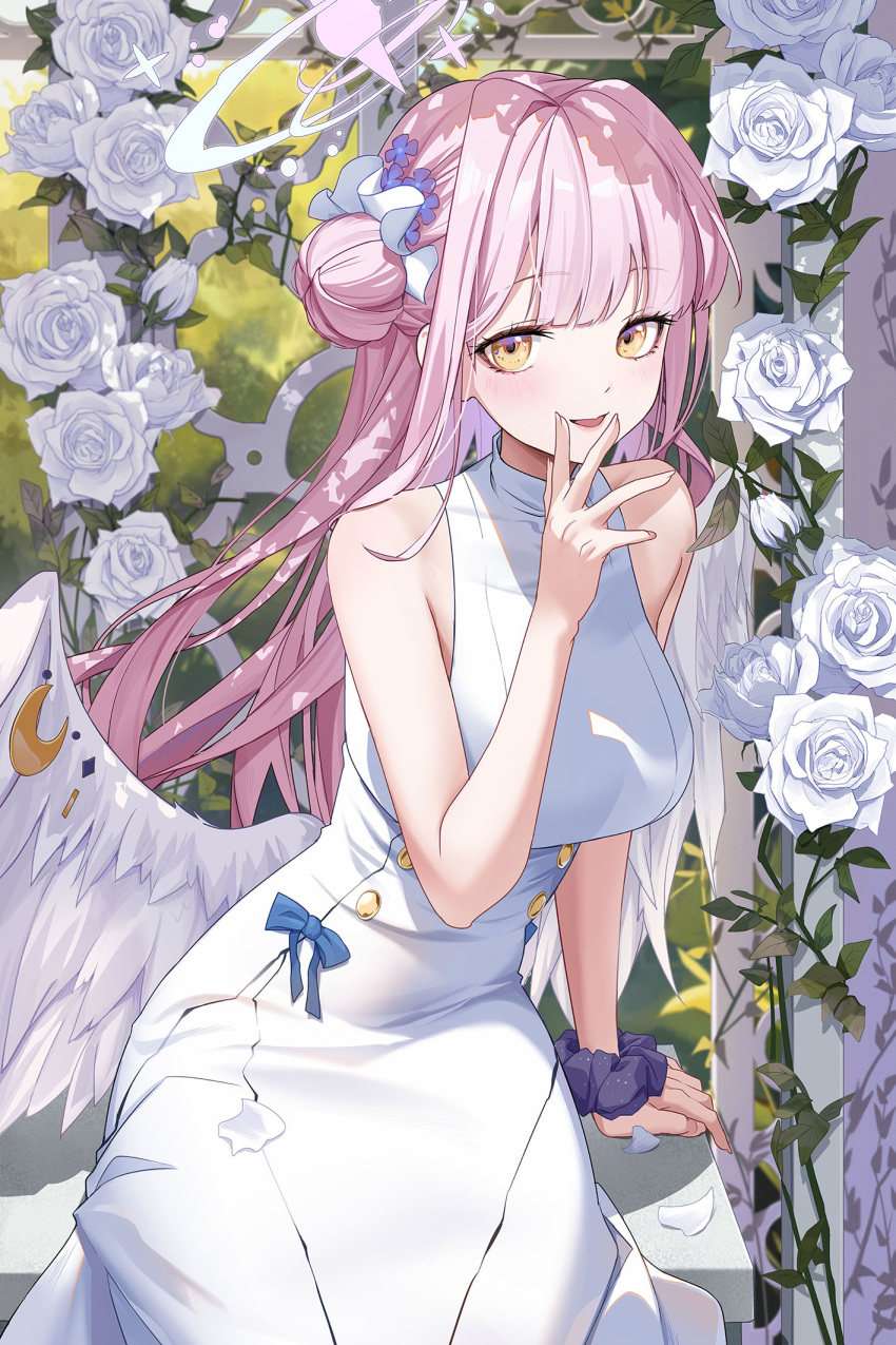 1girl blue_archive breasts feathered_wings flower gloves hair_bun hair_flower hair_ornament highres large_breasts long_hair looking_at_viewer mika_(blue_archive) noho_(yp6166) open_mouth pink_hair purple_flower rose single_side_bun solo white_flower white_gloves white_rose white_wings wings yellow_eyes