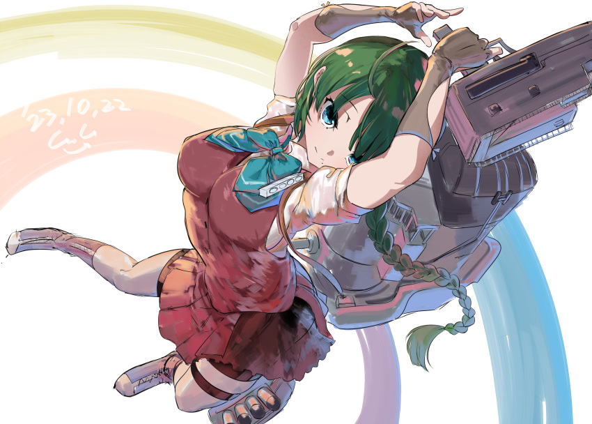 1girl adapted_turret ahoge aqua_bow blue_bow blue_bowtie blue_eyes boots bow bowtie braid breasts cannon cross-laced_footwear dress gegeron gloves green_hair grey_thighhighs halterneck highres holding holding_turret kantai_collection lace-up_boots long_hair looking_at_viewer machinery mast medium_breasts mole mole_under_mouth purple_dress purple_vest rigging school_uniform shirt short_sleeves single_braid skirt smile smokestack solo standing thigh-highs torpedo_launcher torpedo_tubes turret very_long_hair vest white_background white_shirt yuugumo_(kancolle) yuugumo_kai_ni_(kancolle)