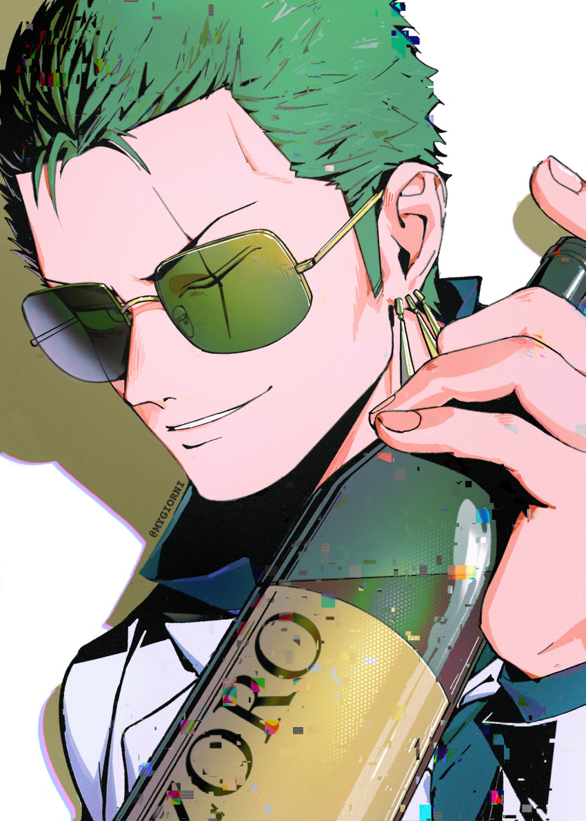 1boy absurdres alternate_costume artist_name bottle character_name commentary earrings english_commentary green_hair highres holding holding_bottle jewelry male_focus mygiorni one_eye_closed one_piece roronoa_zoro scar scar_across_eye scar_on_face short_hair simple_background single_earring smile solo sunglasses teeth white_background