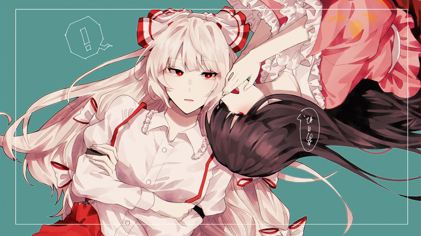 ! 2girls absurdres black_hair bow bright_pupils buttons collared_shirt crossed_arms frilled_shirt_collar frilled_sleeves frills fujiwara_no_mokou green_background hair_bow highres hime_cut houraisan_kaguya japanese_clothes long_hair long_sleeves lying multiple_girls open_mouth pants parted_lips pink_shirt profile red_eyes red_pants shirt sidelocks somei_ooo speech_bubble spoken_exclamation_mark suspenders touhou very_long_hair whispering whispering_in_ear white_bow white_hair white_pupils white_shirt wide_sleeves yuri