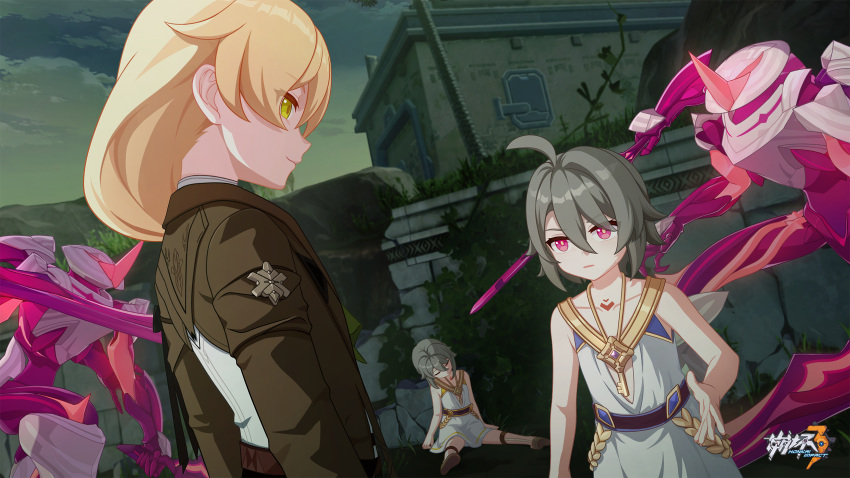 1girl 2boys ahoge blonde_hair chinese_clothes chinese_commentary hair_between_eyes highres honkai_(series) honkai_impact_3rd james_moriarty_(honkai_impact) jewelry key logo long_hair long_sleeves looking_at_another multiple_boys necklace official_art official_wallpaper open_hand outdoors sandals short_hair sitting sky spread_legs v-shaped_eyebrows vita_(young)_(honkai_impact)