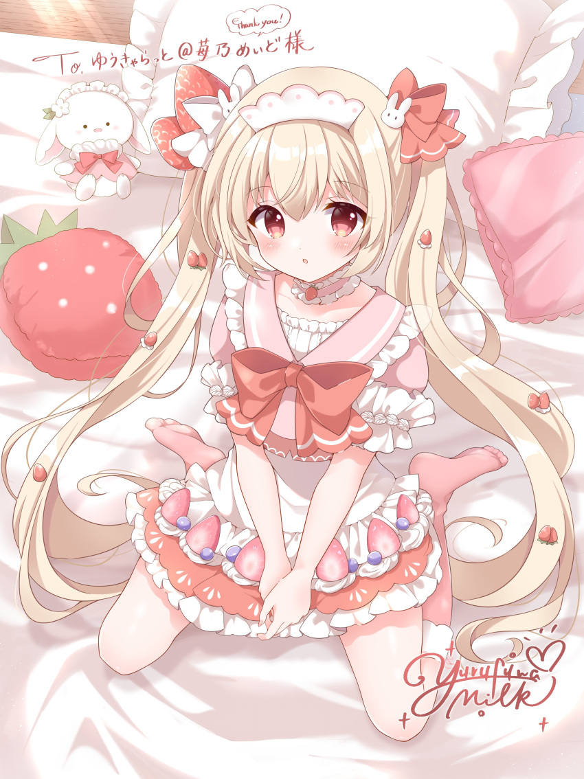 1girl absurdres apron blonde_hair blush bow commission food-themed_hair_ornament frilled_sailor_collar frills hair_bow hair_ornament highres ichigono_parfait indie_virtual_youtuber long_hair no_shoes open_mouth pillow pink_sailor_collar pink_socks red_bow red_eyes sailor_collar second-party_source sitting skeb_commission socks solo strawberry_hair_ornament stuffed_animal stuffed_rabbit stuffed_toy twintails very_long_hair virtual_youtuber wariza white_apron yurufuwa_milk
