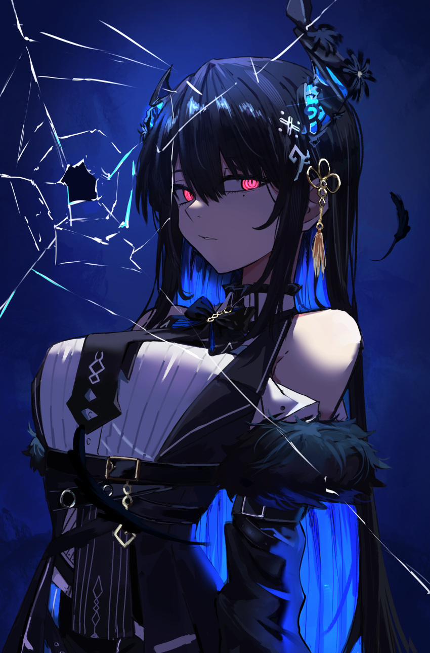 1girl absurdres asymmetrical_horns black_hair blue_hair breasts channyy19 colored_inner_hair demon_horns expressionless glowing glowing_eyes hair_ornament highres hololive hololive_english horns large_breasts long_hair looking_at_viewer mole mole_under_eye multicolored_hair nerissa_ravencroft red_eyes solo two-tone_hair uneven_horns virtual_youtuber