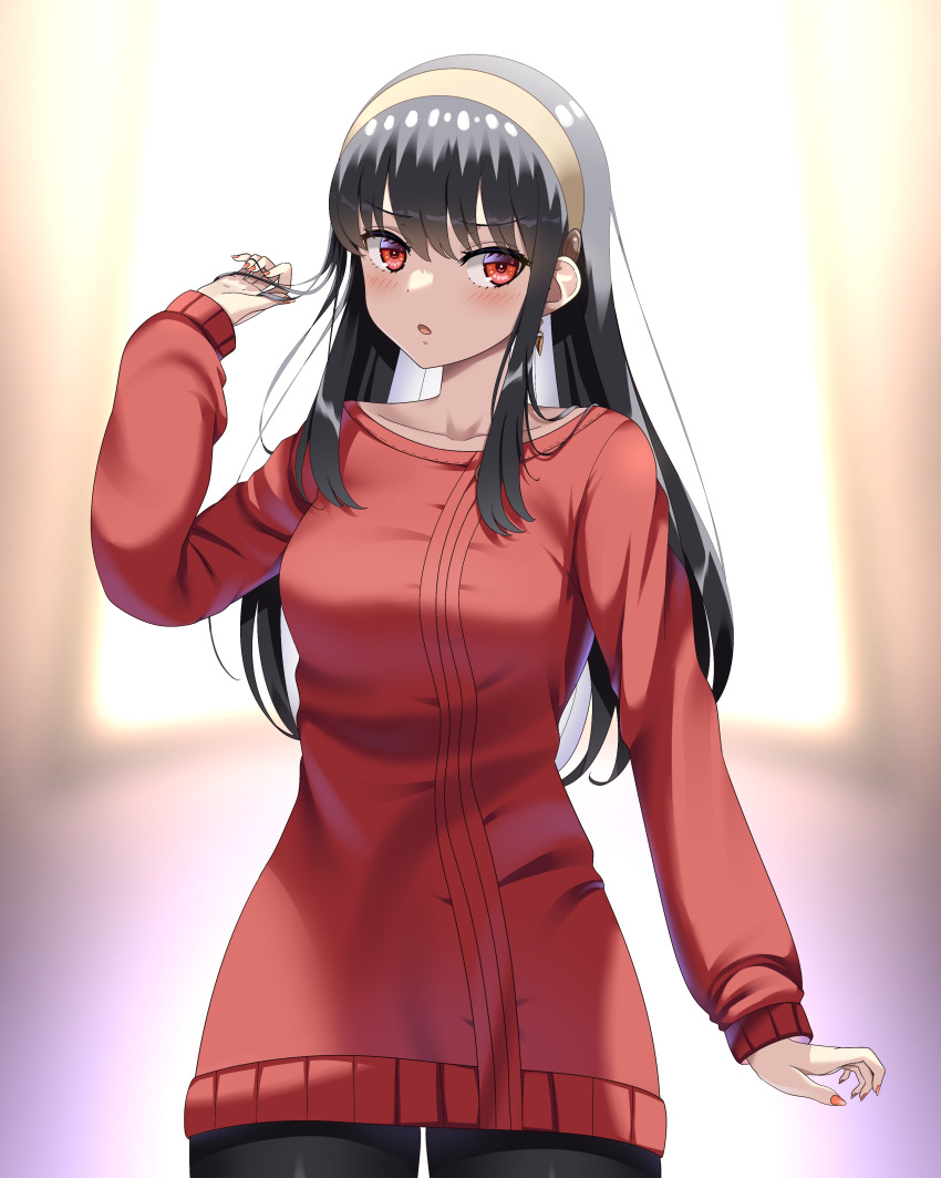 1girl :o absurdres backlighting black_hair black_pantyhose commentary cowboy_shot dress earrings english_commentary hair_down hairband hand_in_own_hair highres indoors jewelry long_hair long_sleeves looking_at_viewer open_mouth pantyhose red_dress red_eyes short_dress sidelocks solo spy_x_family standing sweater sweater_dress theeditorpanda window yor_briar