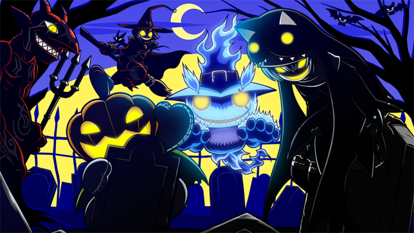 1boy 2girls animal_hood artist_request bat_(animal) blue_fire boogiemon broom broom_riding cat_hood crescent_moon demon digimon digimon_(creature) familiar_bat_(digimon) fence fire ghost ghostmon glowing glowing_eyes glowing_mouth graveyard hat holding holding_pitchfork hood jack-o'-lantern_head looking_at_viewer moon multiple_girls night official_art pitchfork pumpmon sistermon_noir tombstone waving witch witch_hat witchmon