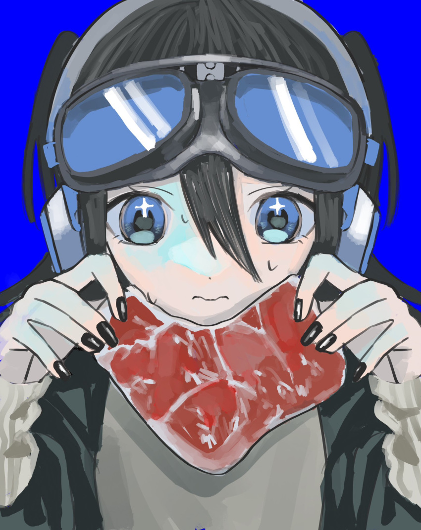 1girl black_hair black_nails blue_background blue_eyes closed_mouth commentary food goggles goggles_on_head hair_between_eyes headphones highres holding holding_food long_sleeves looking_at_viewer nail_polish original raw_meat simple_background solo sparkling_eyes sweat two_side_up upper_body urokogaran