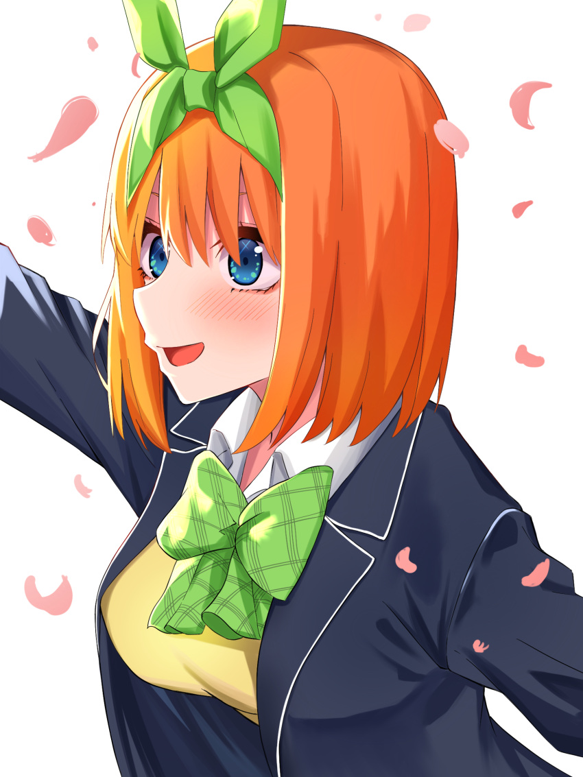 1girl airo backlighting black_jacket blue_eyes blush bow breasts commentary dress_shirt eyebrows_hidden_by_hair eyelashes falling_petals from_side go-toubun_no_hanayome green_bow green_ribbon hair_between_eyes hair_ribbon hand_up highres jacket large_breasts looking_afar medium_hair nakano_yotsuba nose open_clothes open_jacket open_mouth orange_hair petals plaid plaid_bow ribbon school_uniform shirt simple_background smile solo sparkling_eyes straight_hair sweater_vest upper_body white_background white_shirt yellow_sweater_vest