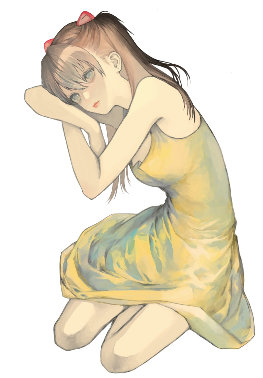 1girl bare_arms bare_shoulders blackblackblack blue_eyes closed_mouth dress earrings full_body highres jewelry lips long_hair neon_genesis_evangelion no_pupils orange_hair pink_lips simple_background solo souryuu_asuka_langley white_background yellow_dress