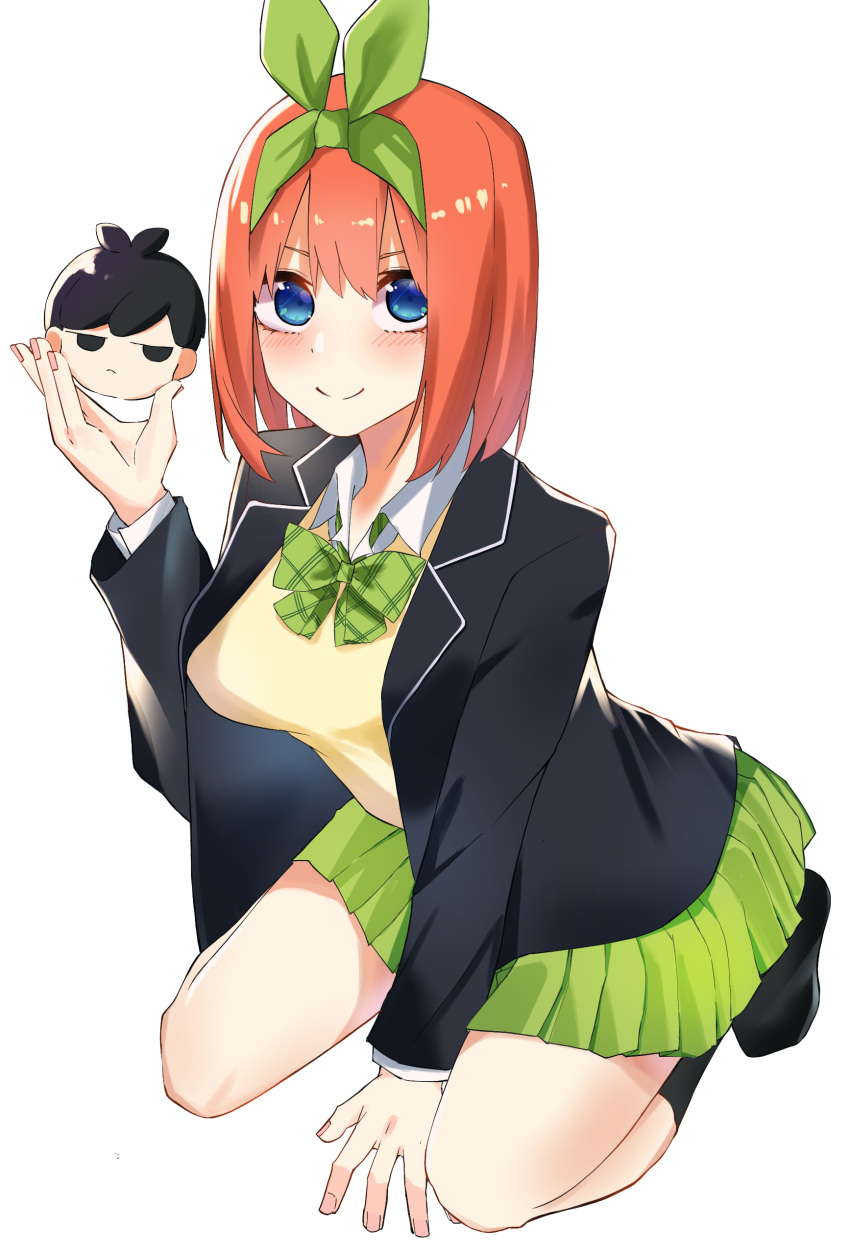 &gt;:) 1boy 1girl absurdres airo between_legs black_jacket black_socks blue_eyes blush bow breasts character_doll closed_mouth commentary doll double-parted_bangs dress_shirt eyelashes full_body go-toubun_no_hanayome green_bow green_ribbon hair_between_eyes hair_ribbon hand_between_legs hand_up highres holding holding_doll jacket kneehighs kneeling large_breasts leaning_forward long_sleeves looking_at_viewer medium_hair nakano_yotsuba no_shoes open_clothes open_jacket orange_hair plaid plaid_bow ribbon school_uniform shirt simple_background smile socks solo_focus straight_hair sweater_vest tiptoes upturned_eyes v-shaped_eyebrows white_background white_shirt yellow_sweater_vest
