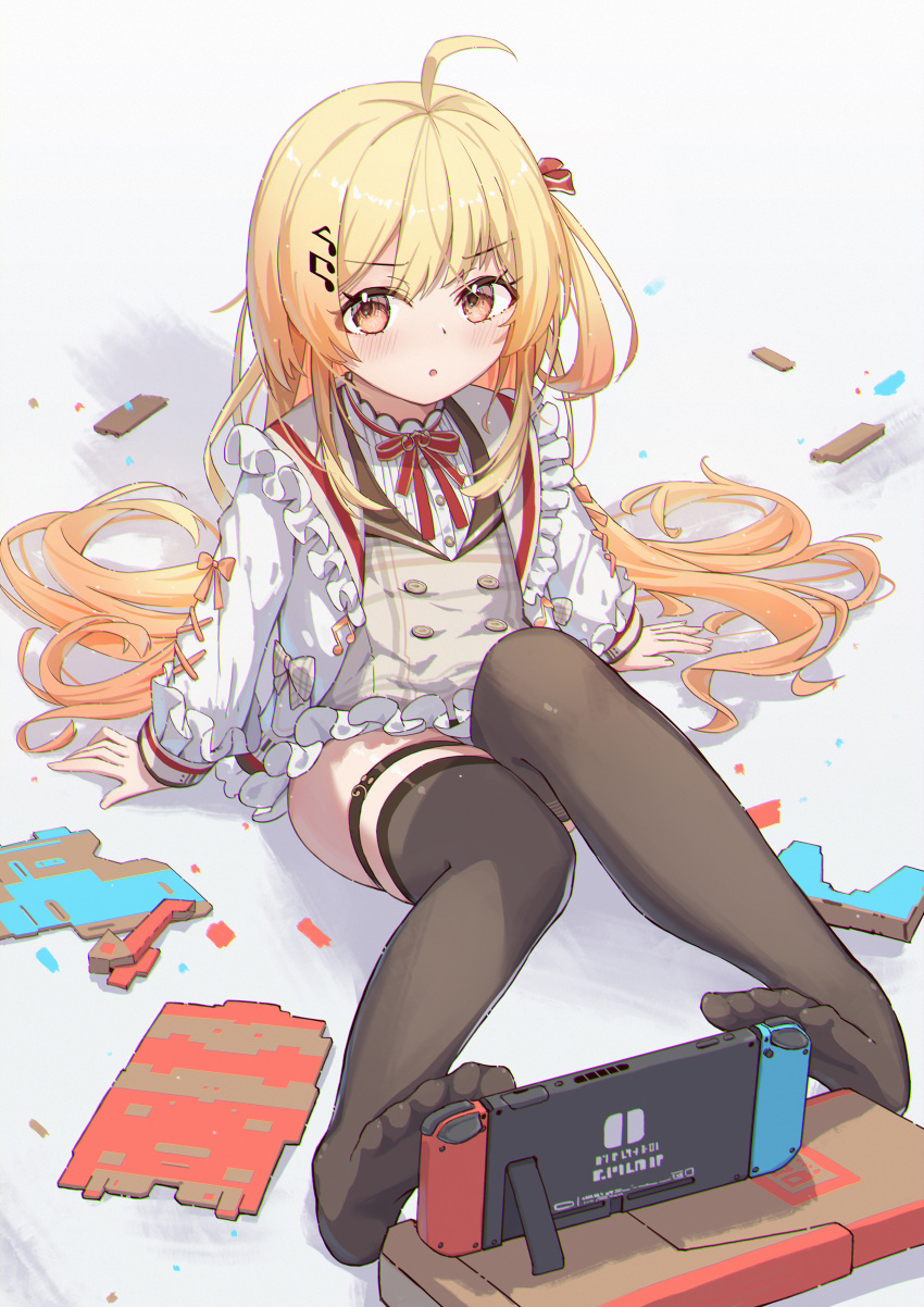 1girl absurdres ahoge black_thighhighs blonde_hair bow bowtie hair_ornament highres hololive hololive_dev_is jacket juu_p long_hair musical_note musical_note_hair_ornament nintendo_labo nintendo_switch no_shoes orange_hair otonose_kanade red_bow red_bowtie thigh-highs virtual_youtuber white_jacket