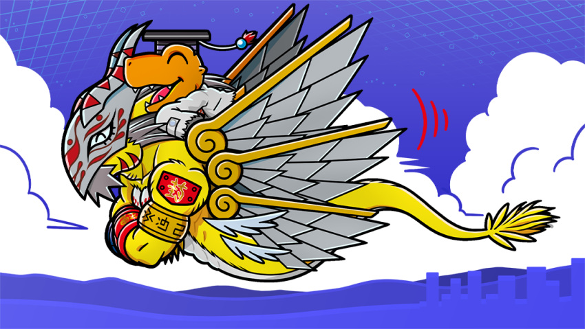 ^_^ agumon_hakase artist_request closed_eyes clouds digimoji digimon digimon_(creature) flying goddramon hat holy_ring lab_coat mortarboard no_humans official_art riding_digimon skyline sleeves_past_fingers sleeves_past_wrists vambraces