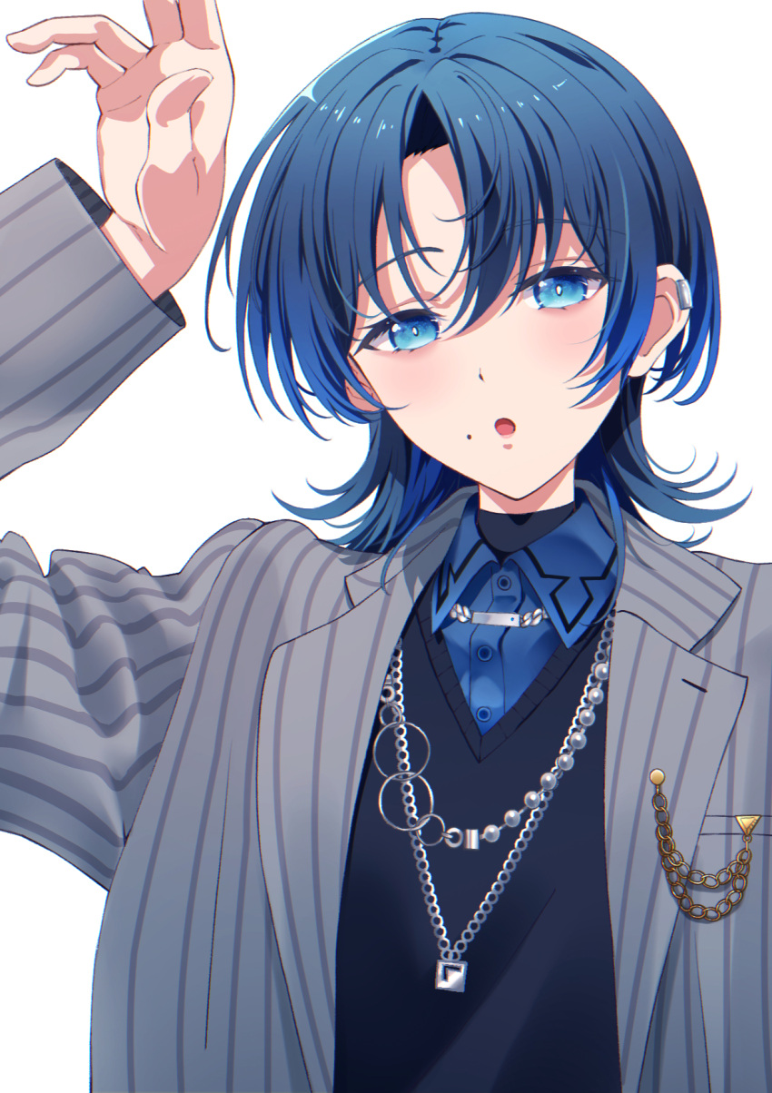 1girl arm_up blue_eyes blue_hair blue_shirt blush collared_shirt commentary grey_jacket highres hiodoshi_ao hololive hololive_dev_is jacket jewelry looking_at_viewer mole mole_under_mouth necklace open_mouth shirt short_hair solo striped striped_jacket tomotomo_(awai) vertical-striped_jacket vertical_stripes virtual_youtuber white_background