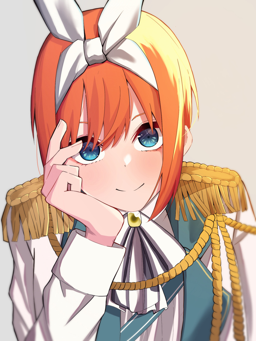 1girl airo alternate_costume ascot blue_eyes blush close-up closed_mouth clothing_request commentary double-parted_bangs eyelashes go-toubun_no_hanayome grey_background hair_between_eyes hair_ribbon hand_on_own_cheek hand_on_own_face head_rest head_tilt highres jacket long_sleeves looking_at_viewer medium_hair nakano_yotsuba orange_hair ribbon sidelighting simple_background smile solo straight-on straight_hair white_ascot white_jacket white_ribbon