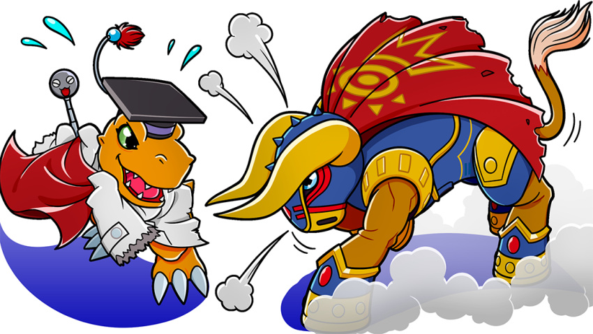 =3 agumon_hakase artist_request bull bullfighting bullmon cape digimon digimon_(creature) flying_sweatdrops hat holding holding_cape holding_clothes holding_pointer lab_coat mortarboard no_humans official_art pointer red_cape sleeves_past_fingers sleeves_past_wrists snorting