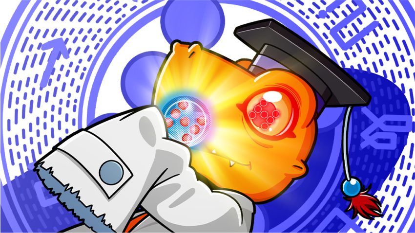 agumon_hakase artist_request digimoji digimon digimon_(creature) eye_reflection glowing hat holding holding_orb lab_coat mortarboard no_humans official_art orb reflection sleeves_past_fingers sleeves_past_wrists x-antibody
