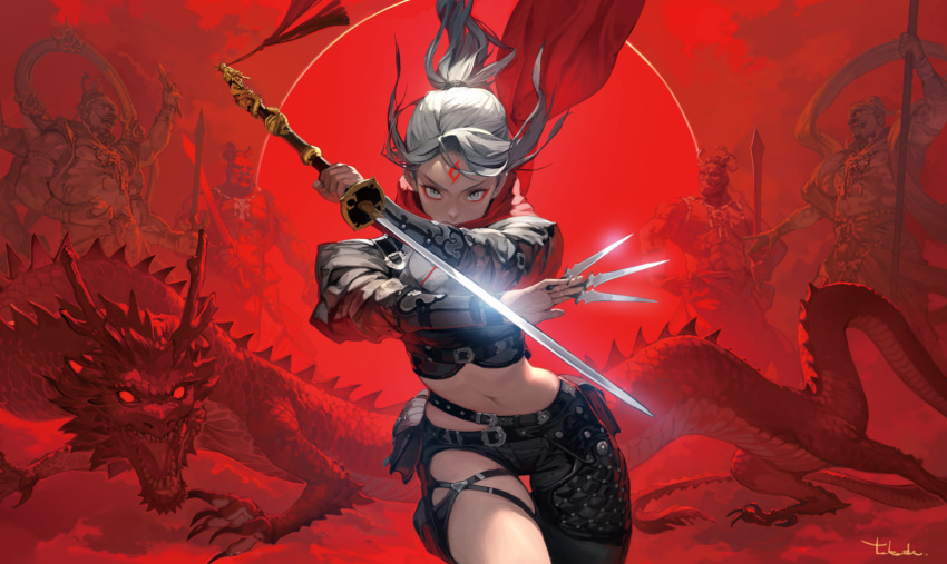 1girl 4boys asymmetrical_pants belt crop_top dragon eastern_dragon facial_mark flesh_and_blood forehead_mark grey_eyes grey_hair highres holding holding_sword holding_weapon kunai long_hair looking_at_viewer midriff multiple_boys official_art ponytail red_background sword takayama_toshiaki weapon