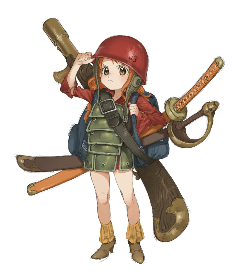 1girl adjusting_clothes adjusting_headwear aged_down armor backpack bag belt_buckle boots brown_footwear buckle child closed_mouth collared_shirt commentary_request full_body gun hand_up helmet high_heel_boots high_heels highres katana light_blush long_hair long_sleeves looking_at_viewer nami_(one_piece) official_alternate_costume one_piece one_piece_film:_z orange_eyes orange_hair red_headwear red_shirt shirt shoulder_belt single_sidelock solo standing sword urasanmyaku wavy_hair weapon weapon_on_back white_background