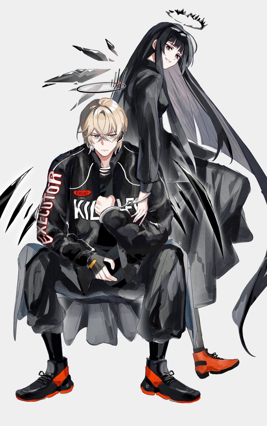 1boy 1girl arknights arturia_(arknights) black_dress black_eyes black_footwear black_gloves black_hair black_halo black_jacket black_pants black_shirt black_wings blonde_hair blue_eyes brother_and_sister commentary_request cuffed cuffs detached_wings dress energy_wings executor_(arknights) fingerless_gloves full_body gloves halo highres jacket long_hair long_sleeves mechanical_halo mechanical_wings open_clothes open_jacket orange_footwear pants shirt shoes short_hair siblings simple_background sitting smile standing standing_on_one_leg very_long_hair white_background wings zuo_daoxing