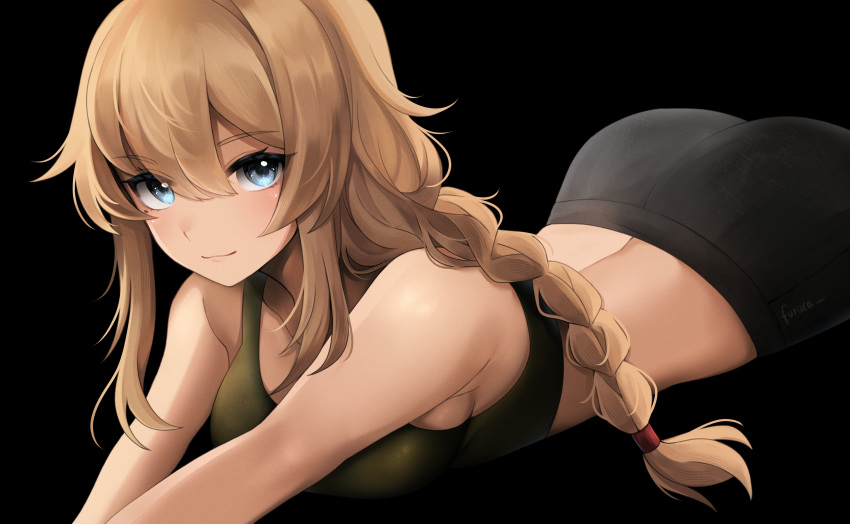 1girl absurdres artist_name ass bare_shoulders bike_shorts black_background blonde_hair blue_eyes braid breasts commentary furuca green_tank_top hair_between_eyes highres indie_virtual_youtuber large_breasts looking_at_viewer mole single_braid smile solo symbol-only_commentary tank_top whiskey_project