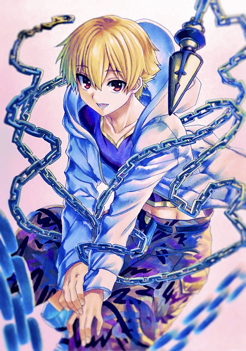 1boy blonde_hair blue_shirt brown_eyes chain child_gilgamesh_(fate) commentary_request enkidu_(weapon)_(fate) fate/grand_order fate_(series) gilgamesh_(fate) grey_shorts hachi78b highres hood hooded_jacket jacket looking_at_viewer male_focus marker_(medium) open_clothes open_jacket open_mouth shirt shorts smile solo traditional_media