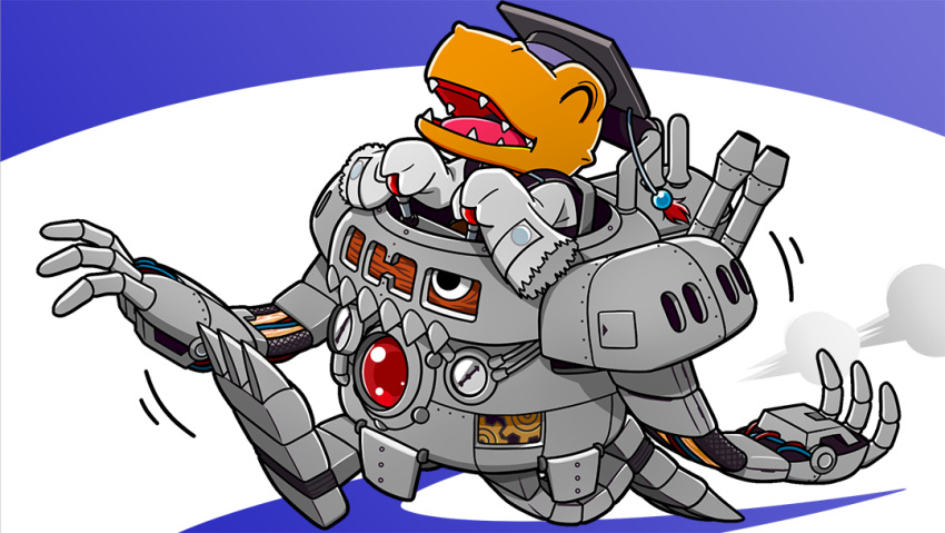 ^_^ agumon_hakase artist_request cable closed_eyes digimon digimon_(creature) gauge gears hat lab_coat lever mecha mechanorimon mortarboard no_humans official_art one-eyed riding_digimon robot seatbelt sleeves_past_wrists steam walking