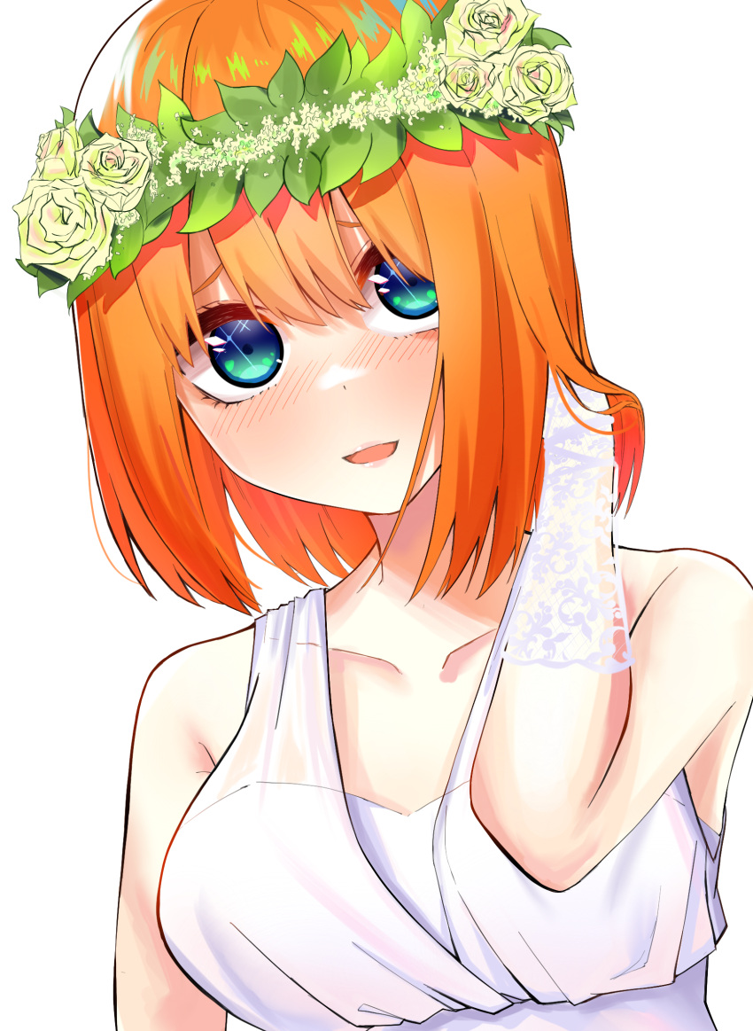 1girl airo arm_at_side bare_shoulders blue_eyes blush breasts collarbone commentary_request double-parted_bangs dress eyelashes floral_print flower flower_wreath furrowed_brow go-toubun_no_hanayome green_flower green_rose hair_between_eyes hair_tucking hand_up happy head_wreath highres large_breasts leaf lips looking_at_viewer medium_hair nakano_yotsuba nose_blush official_alternate_costume official_alternate_hairstyle open_mouth orange_hair partial_commentary rose shy smile solo sparkling_eyes straight_hair upper_body wedding_dress white_dress
