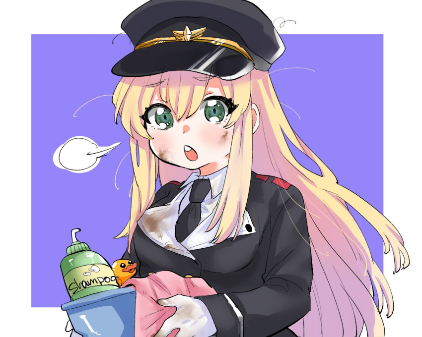 1girl black_headwear black_necktie blonde_hair breasts collared_shirt commentary_request commission dirty dirty_clothes girls_frontline gloves green_eyes hair_between_eyes hat holding koji_(subno_ko_zi) long_hair long_sleeves looking_at_viewer medium_breasts necktie open_mouth peaked_cap purple_background rubber_duck second-party_source shampoo_bottle shirt sleeves_past_wrists solo stg44_(girls'_frontline) teeth thick_eyebrows two-tone_background upper_body upper_teeth_only very_long_hair white_background white_gloves white_shirt