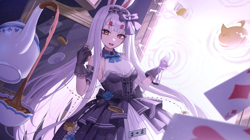 1girl :d absurdres ace_(playing_card) ace_of_hearts ace_of_spades animal_ears azur_lane bare_shoulders black_bow black_dress black_gloves black_hairband bow card cup dress eyeshadow floating floating_object gloves hair_between_eyes hair_bow hairband heart highres holding holding_pocket_watch jeze layered_dress lolita_hairband long_hair looking_at_viewer makeup mirror playing_card pocket_watch rabbit_ears rabbit_girl red_eyeshadow shimakaze_(azur_lane) shimakaze_(the_white_rabbit_of_wonderland)_(azur_lane) sleeveless sleeveless_dress smile solo spade_(shape) teacup teapot teeth upper_teeth_only very_long_hair watch white_hair yellow_eyes